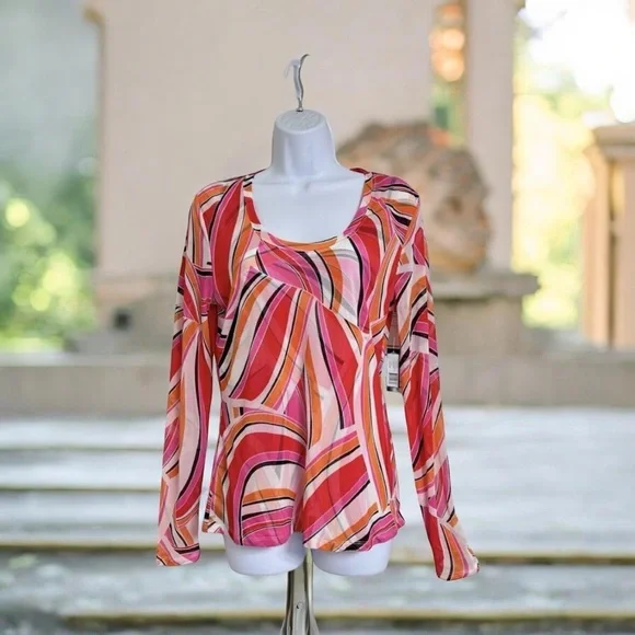 Madison Fashion Top Sz L Geo Print Multicolor Long Sleeves Round Neck Shirt New - Picture 8 of 14